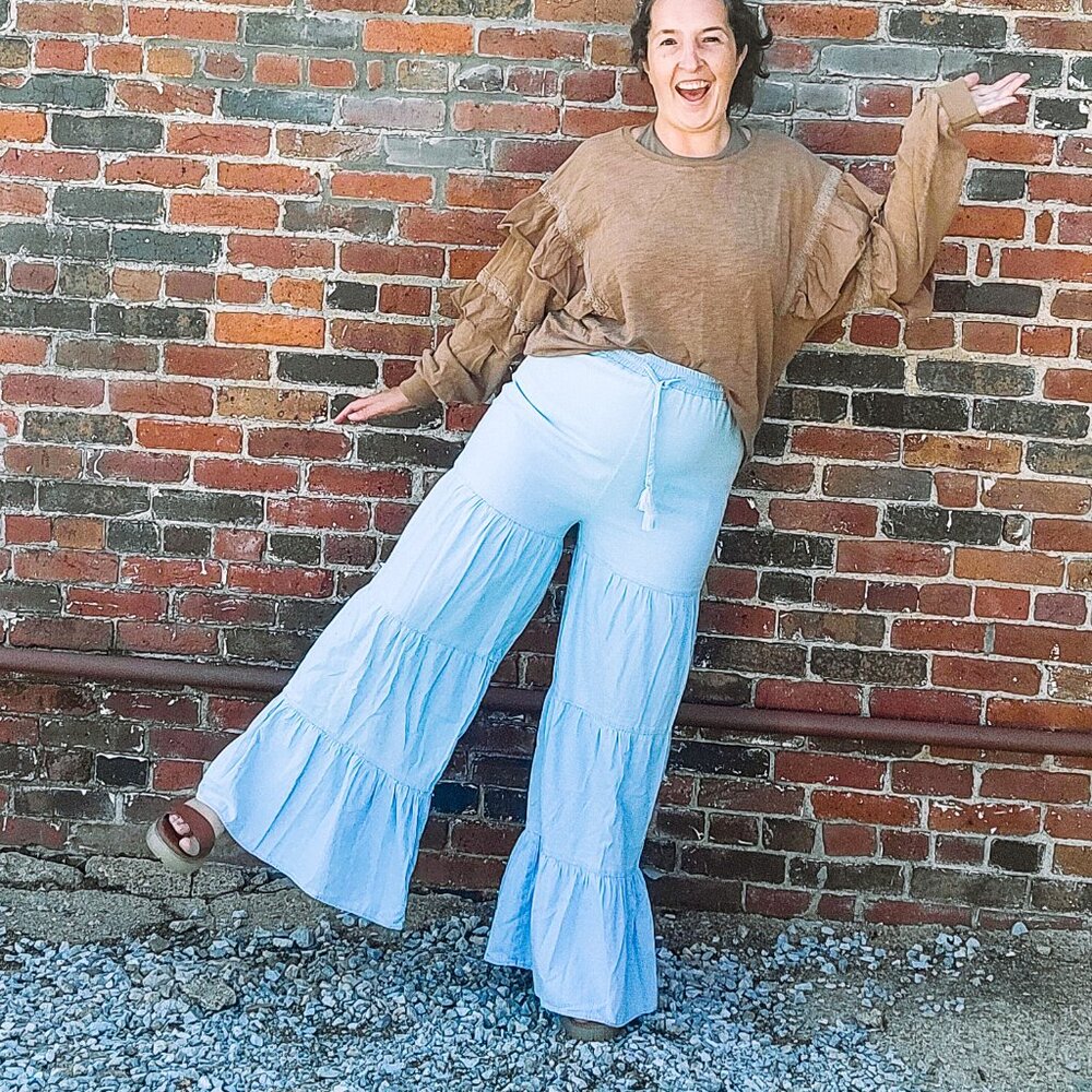Tiered Denim Pants Stretchy Waist Band Seventies Hippie Pants